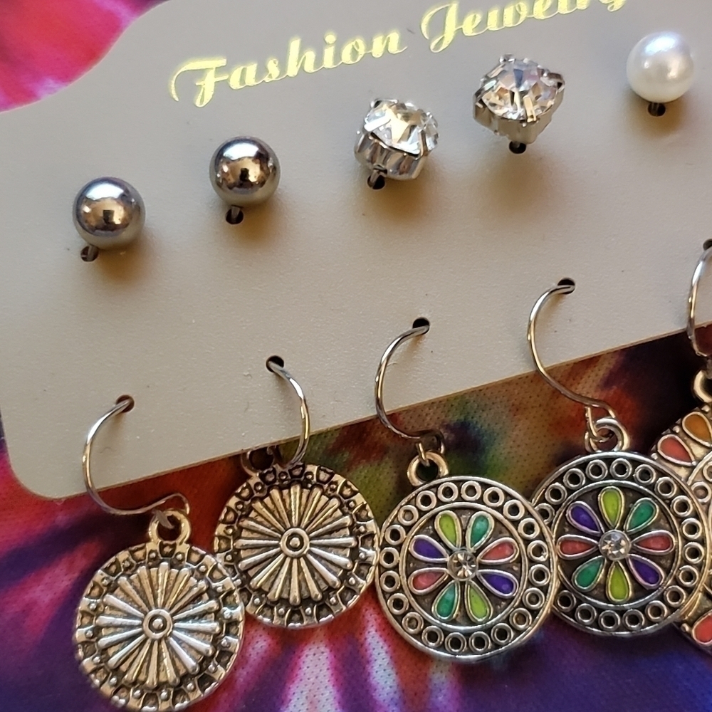 Nwt Silver Turquoise Boho Drop Dangle Earrings Stud Earrings Set of 6 - Picture 2 of 4
